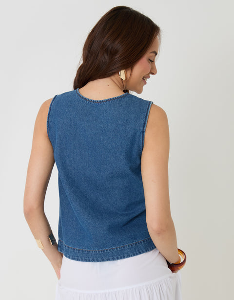 Threadbare Denim Button Up Top in Mid Wash - back view