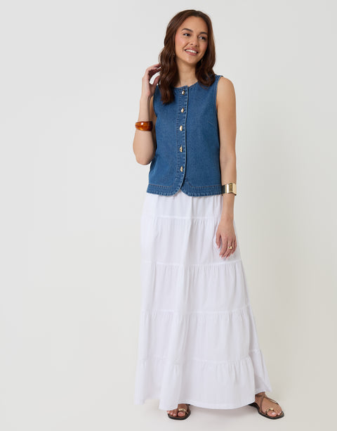 Threadbare Denim Button Up Top in Mid Wash - full body