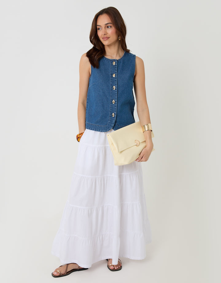 Threadbare Denim Button Up Top in Mid Wash - handbag shot