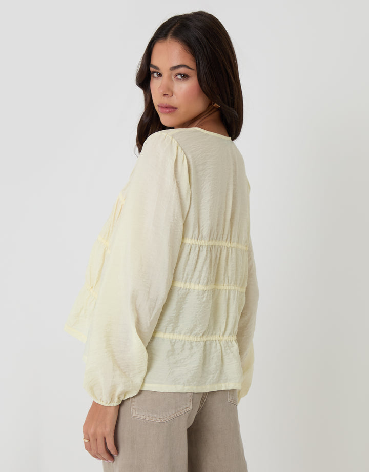 Yellow Long Sleeve Tie Front Blouse