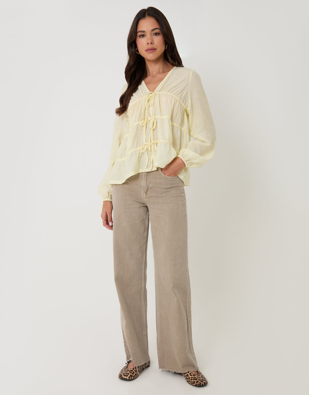 Yellow Long Sleeve Tie Front Blouse