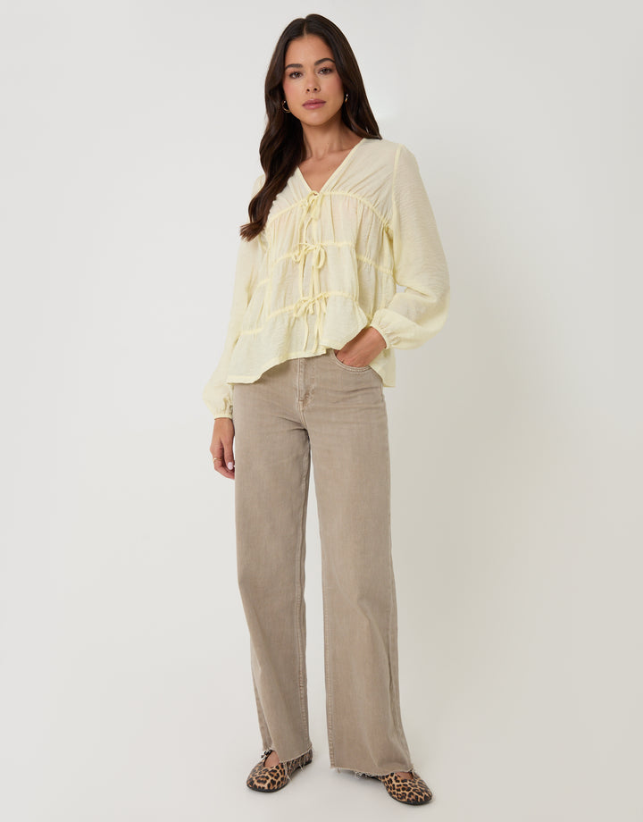 Yellow Long Sleeve Tie Front Blouse