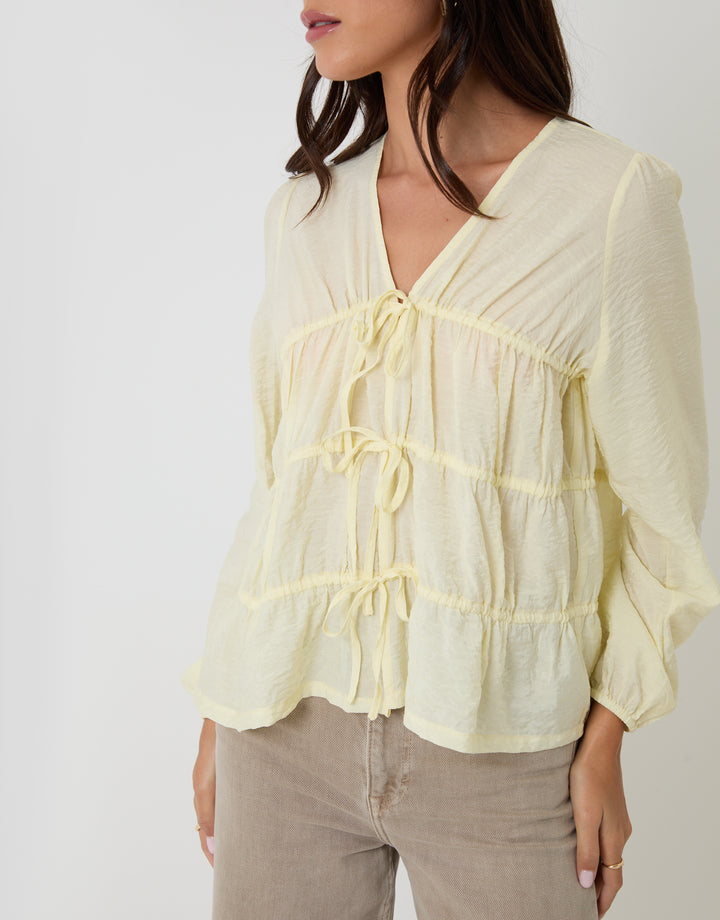 Yellow Long Sleeve Tie Front Blouse