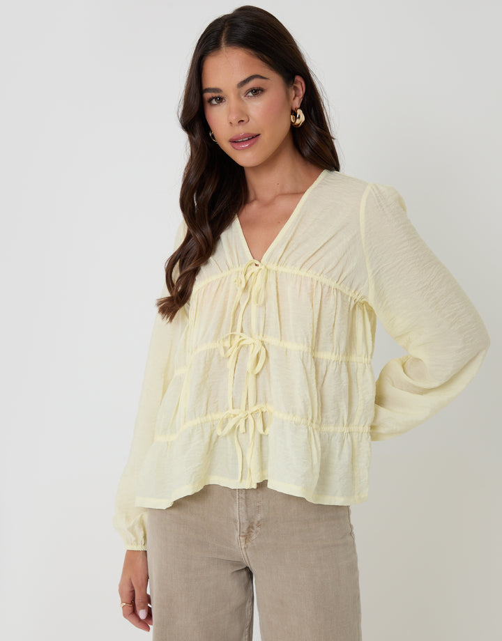 Yellow Long Sleeve Tie Front Blouse