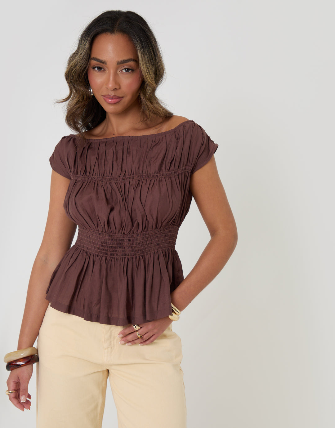 Threadbare Shirred Slash Neck Top in Chocolate Brown - front view
