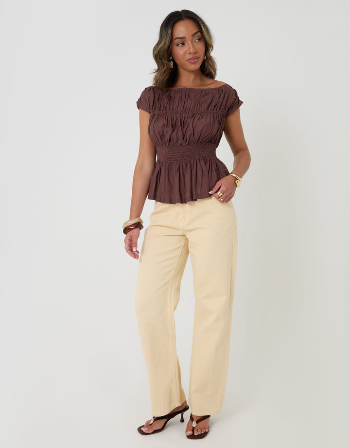 Threadbare Shirred Slash Neck Top in Chocolate Brown - full body