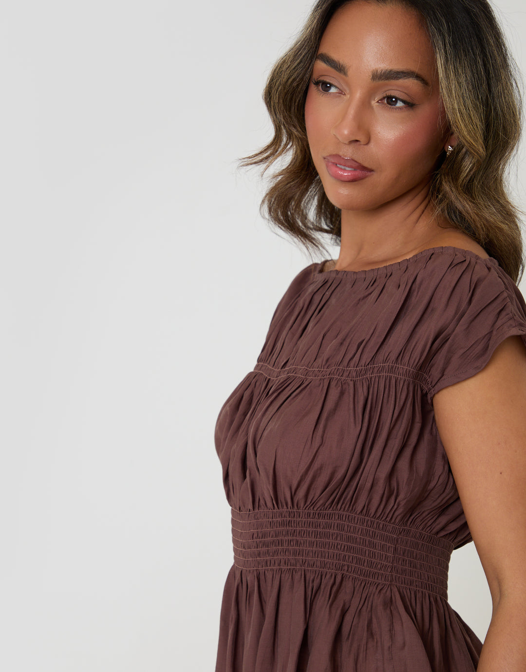 Threadbare Shirred Slash Neck Top in Chocolate Brown - shirring close up