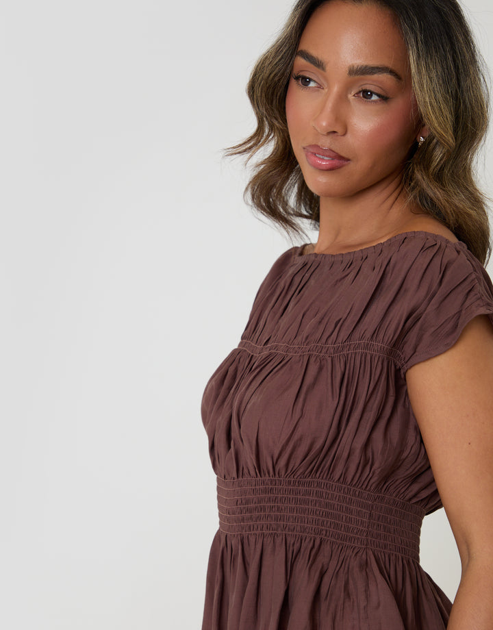 Threadbare Shirred Slash Neck Top in Chocolate Brown - shirring close up