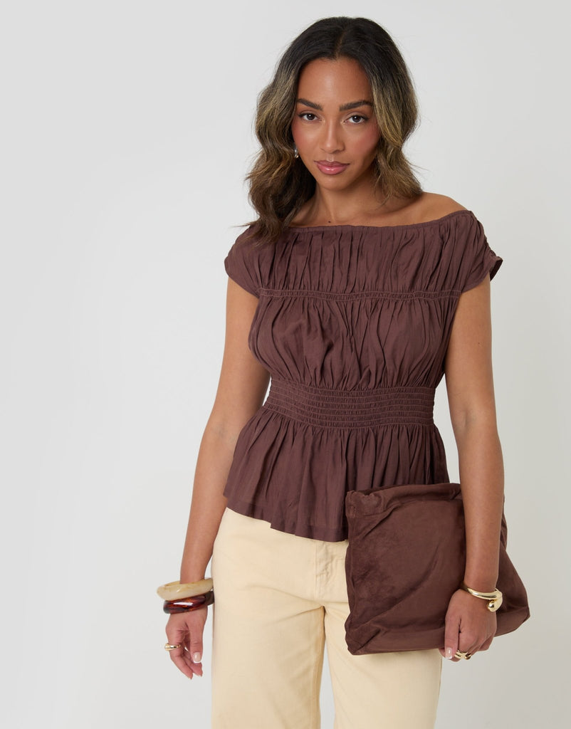 Shirred Slash Neck Top