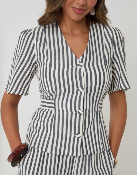 Threadbare Flutter Sleeve Top in Navy Stripe - front view close up