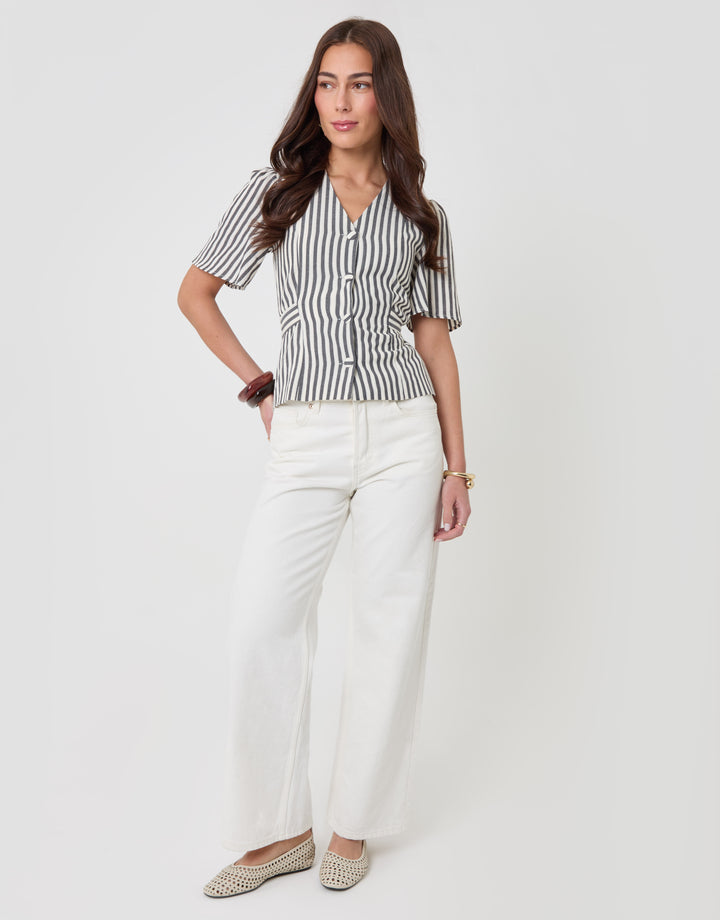 Threadbare Flutter Sleeve Top in Navy Stripe - full body