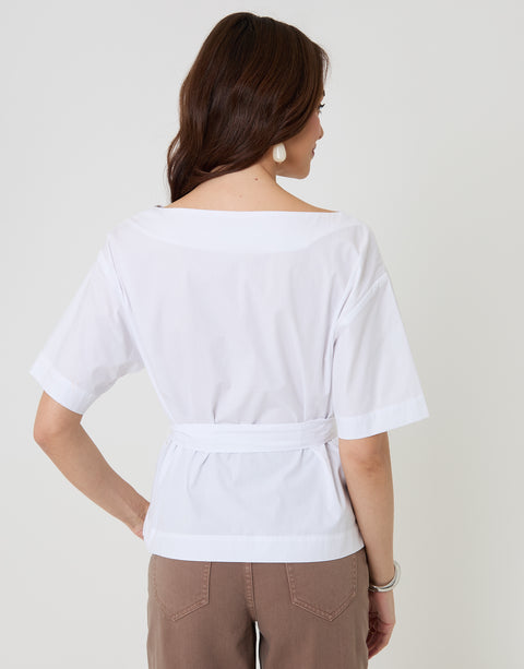 Threadbare Poplin Slash Neck Tie Belt Top in White - back view