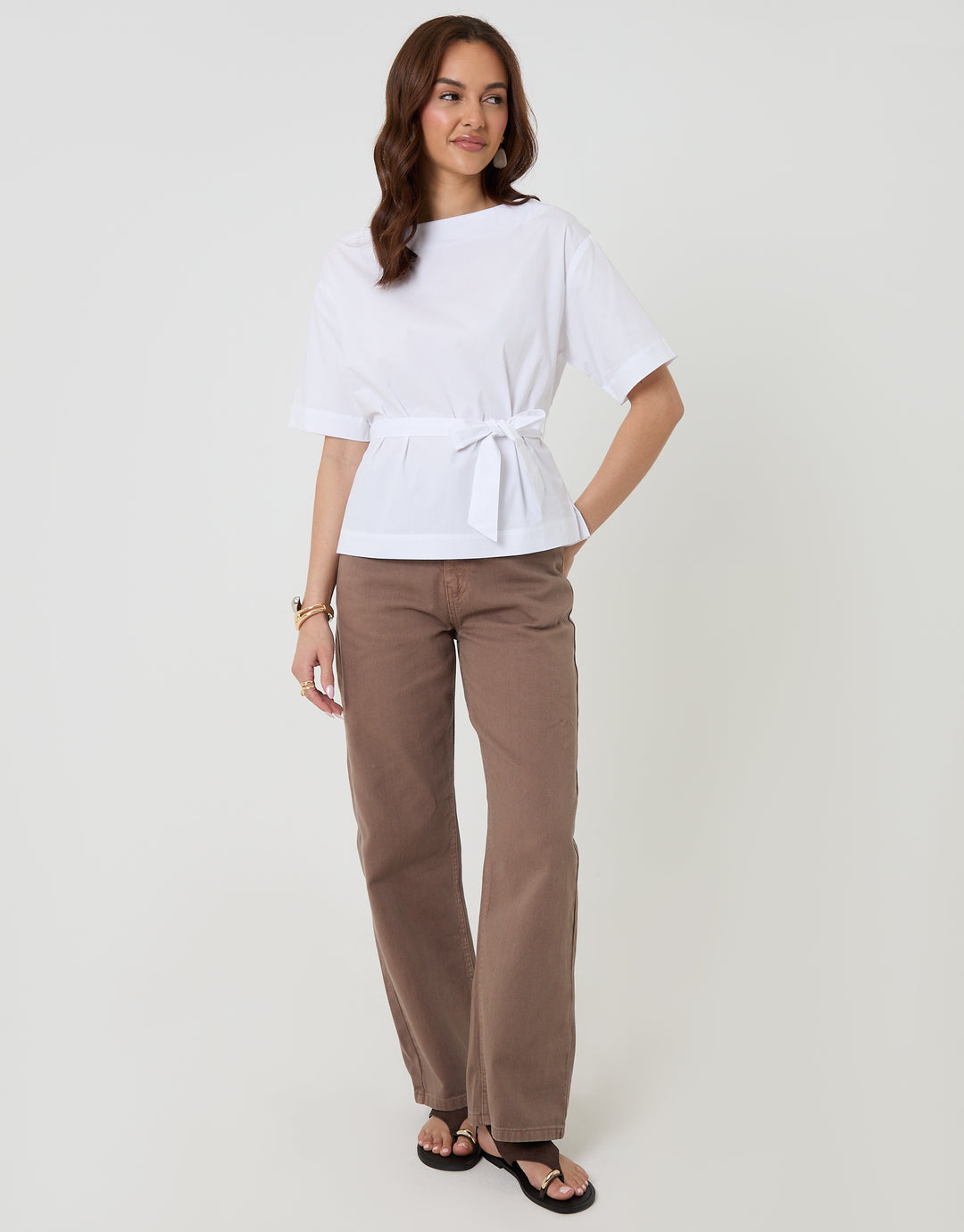 Threadbare Poplin Slash Neck Tie Belt Top in White - full body