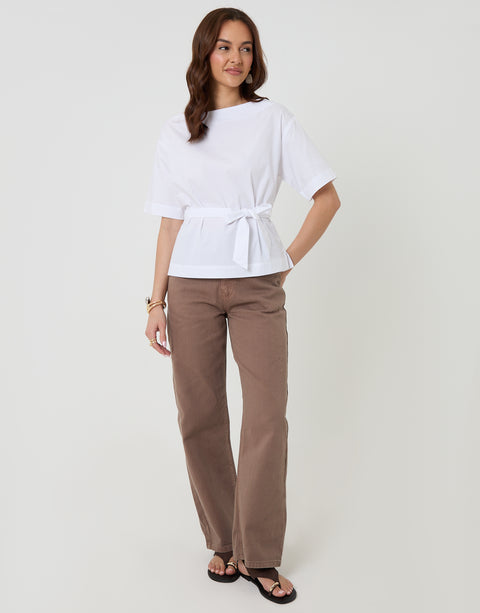 Threadbare Poplin Slash Neck Tie Belt Top in White - full body