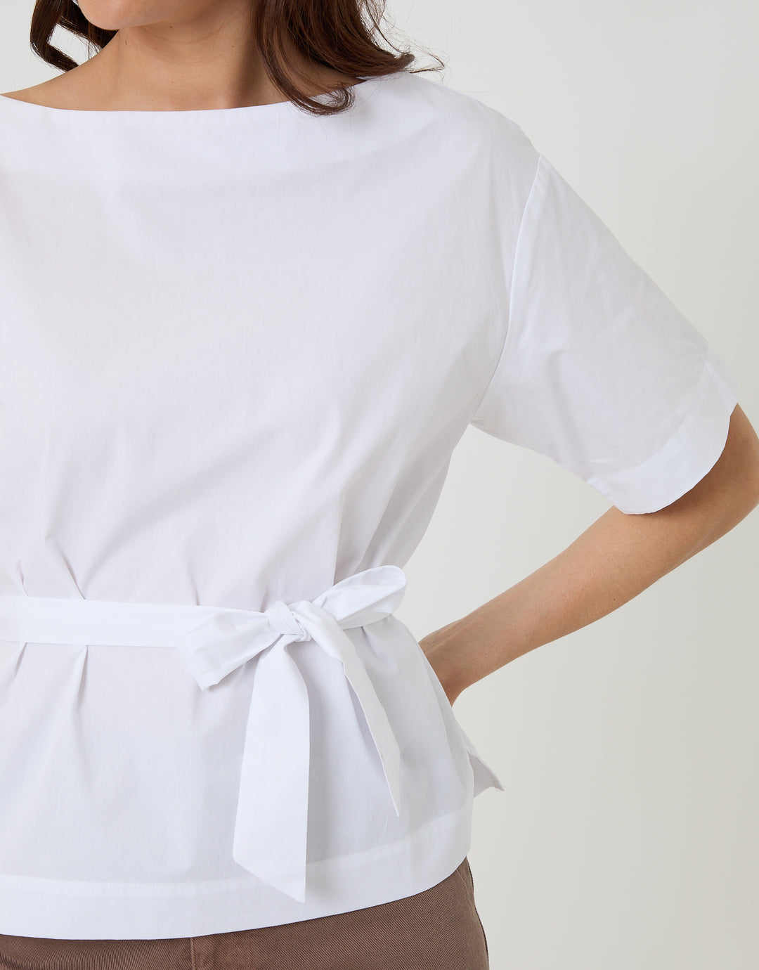Threadbare Poplin Slash Neck Tie Belt Top in White - tie belt close up