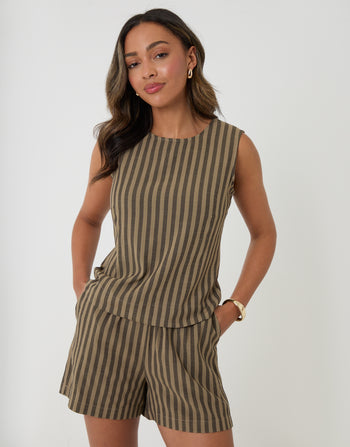 Threadbare Shell Top in Chocolate Brown Stripe - front view