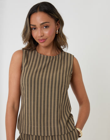 Threadbare Shell Top in Chocolate Brown Stripe - front view close up