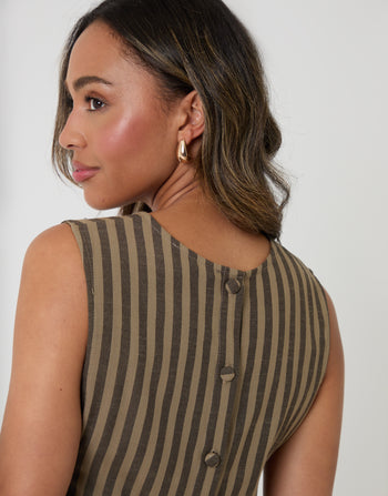 Threadbare Shell Top in Chocolate Brown Stripe - back view close up