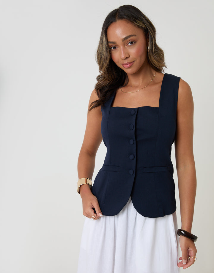 Navy Square Neck Tailored Waistcoat