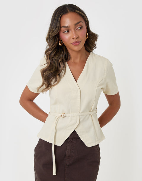 Threadbare Denim Belted Short Sleeve Top in Ecru - front view