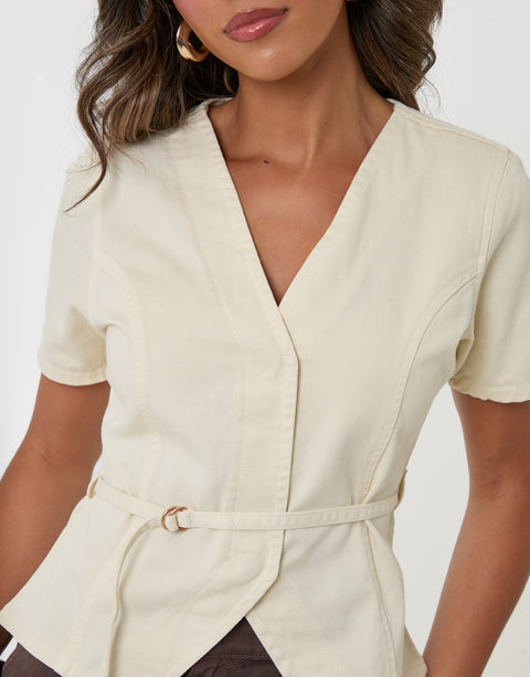 Threadbare Denim Belted Short Sleeve Top in Ecru - close up