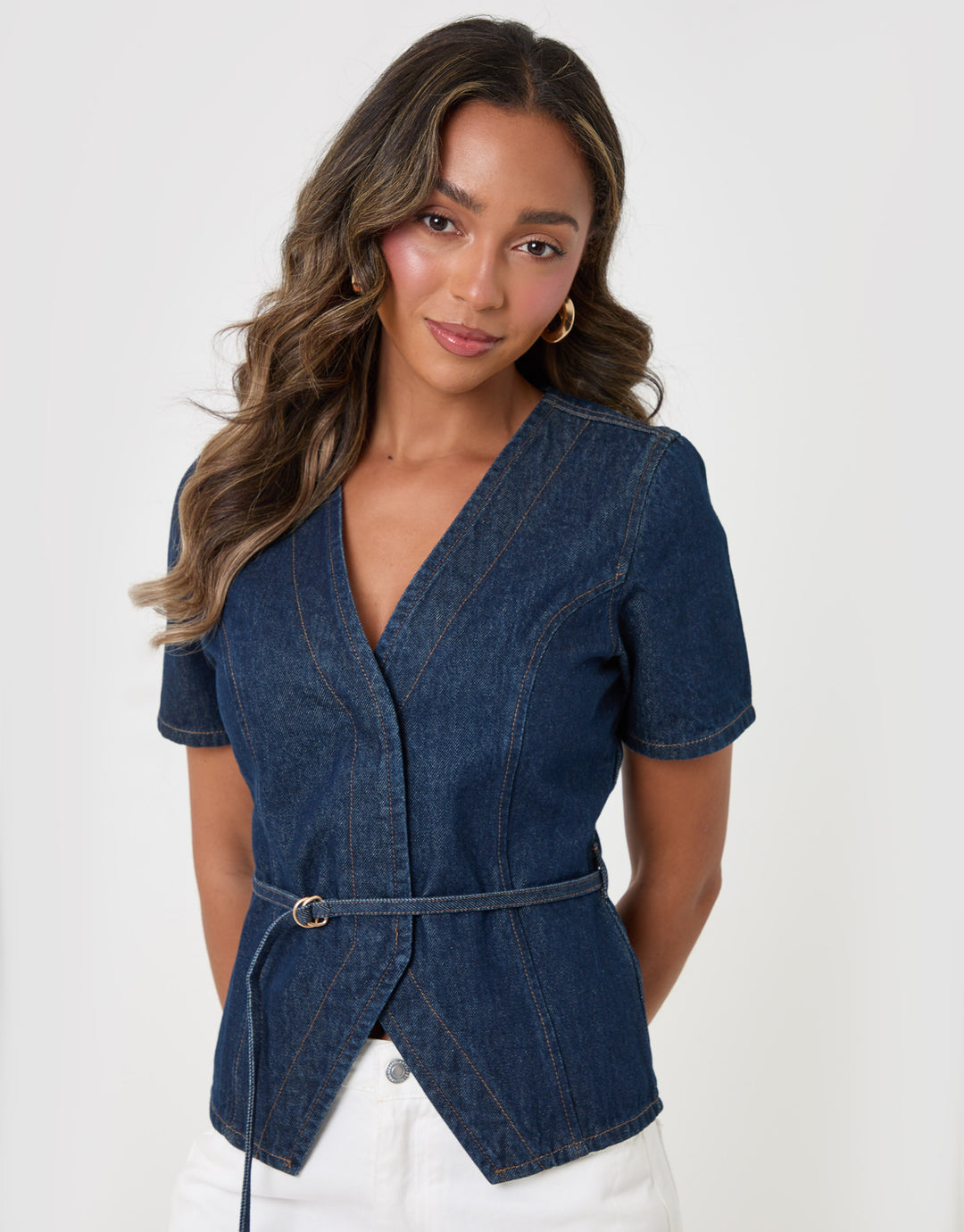 Threadbare Denim Belted Short Sleeve Top in Indigo - front view