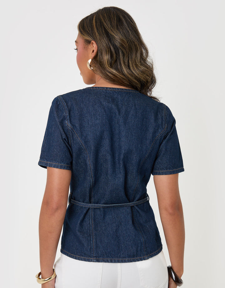 Threadbare Denim Belted Short Sleeve Top in Indigo - back view