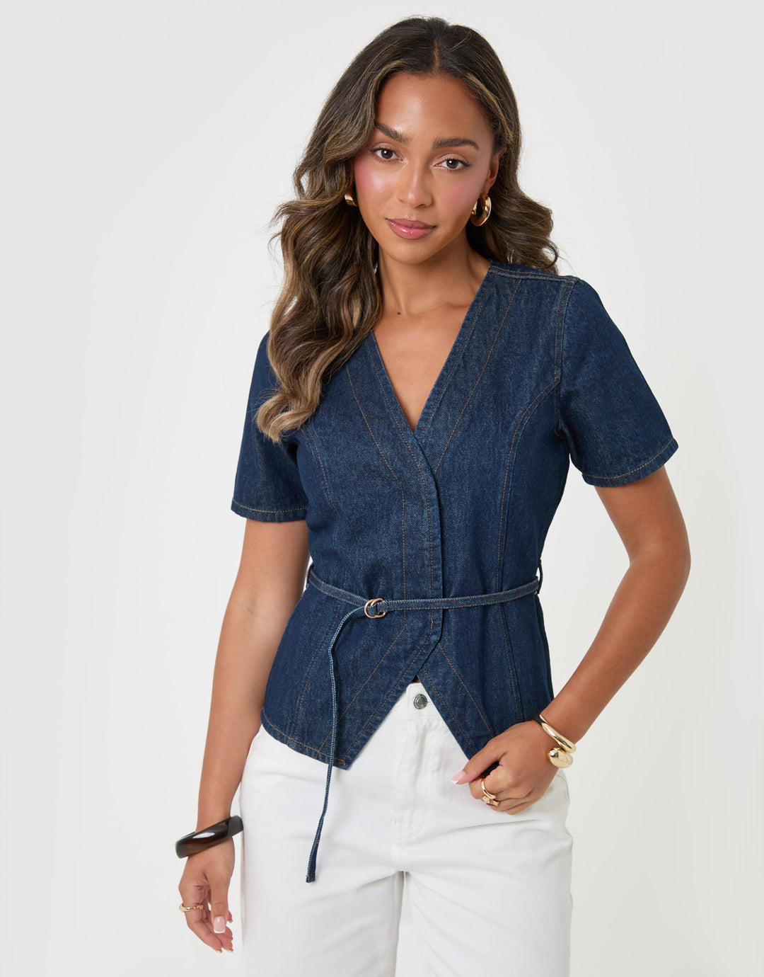 Threadbare Denim Belted Short Sleeve Top in Indigo - full body