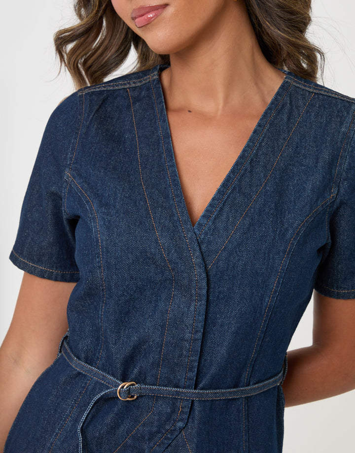 Threadbare Denim Belted Short Sleeve Top in Indigo - close up