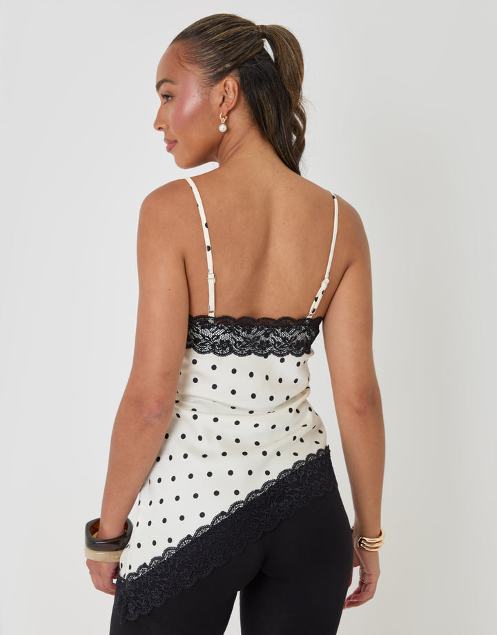 Threadbare Satin Lace Trim Cami in White Polka Dot - back view