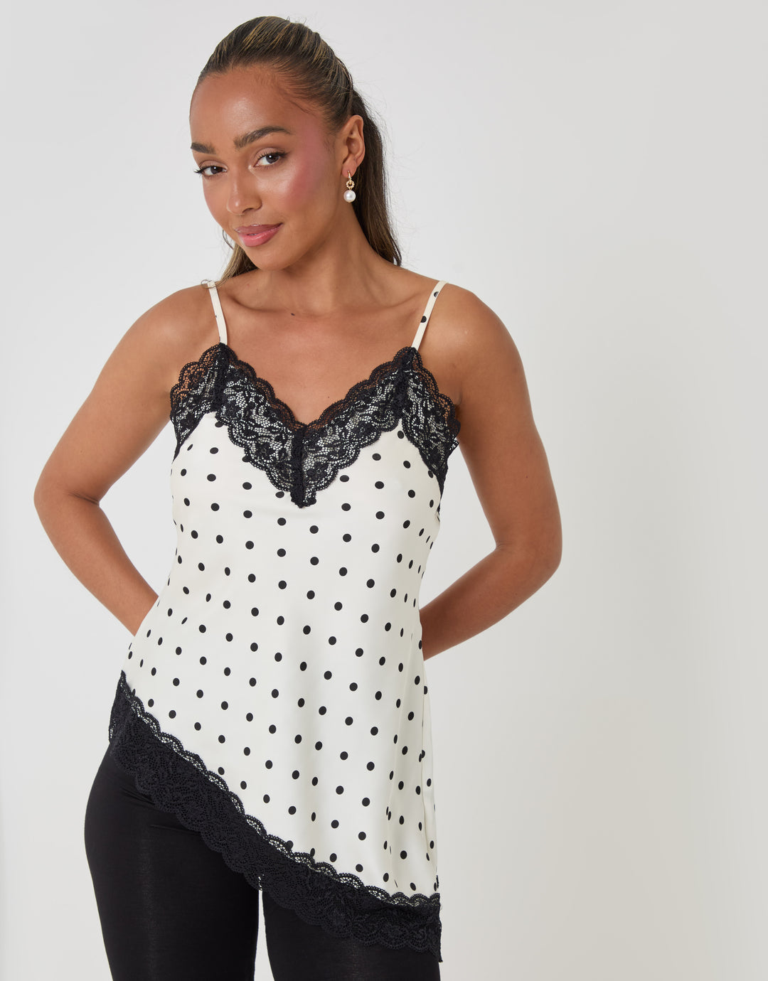 Threadbare Satin Lace Trim Cami in White Polka Dot - front view