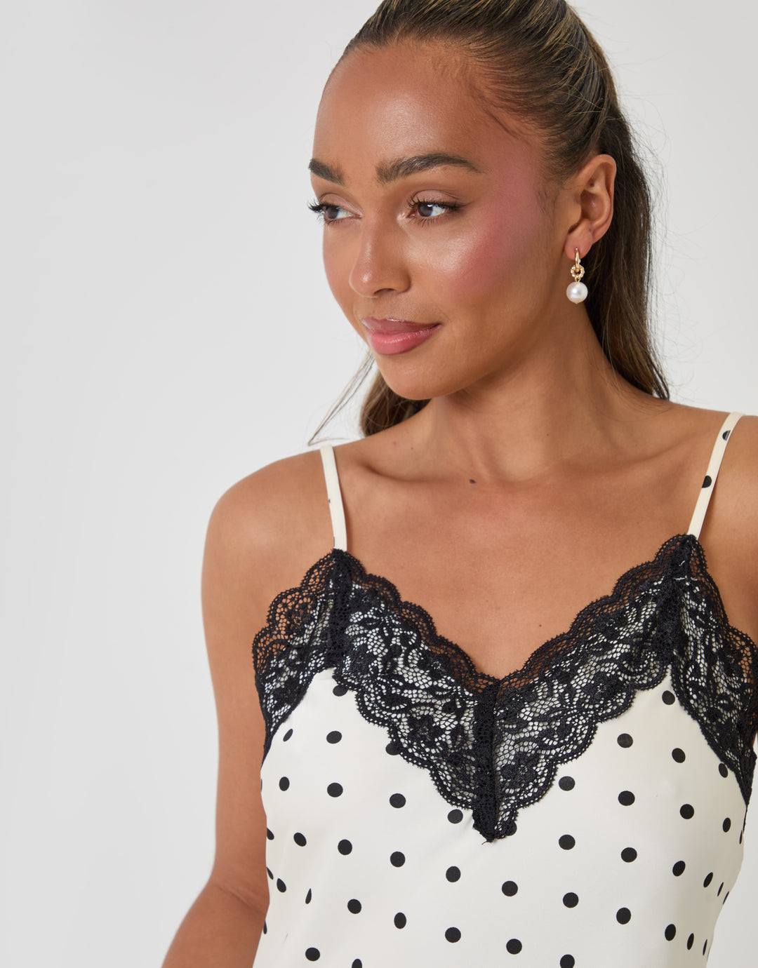 Threadbare Satin Lace Trim Cami in White Polka Dot - close up