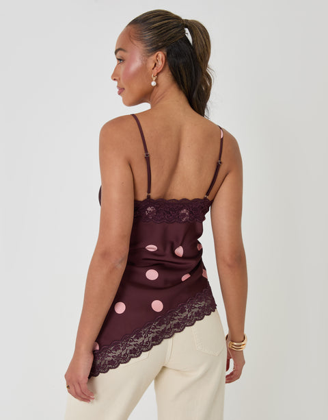 Threadbare Polka Dot Satin Lace Trim Cami in Burgundy - back view