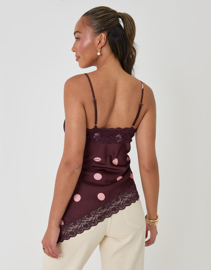 Threadbare Polka Dot Satin Lace Trim Cami in Burgundy - back view