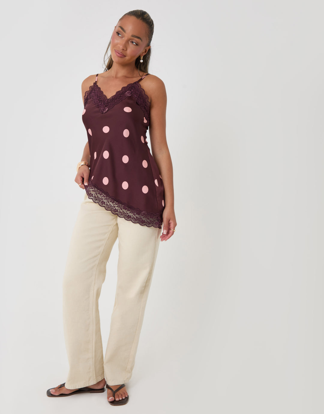 Threadbare Polka Dot Satin Lace Trim Cami in Burgundy - full body