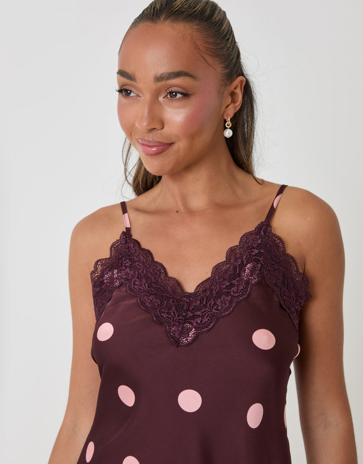 Threadbare Polka Dot Satin Lace Trim Cami in Burgundy - close up