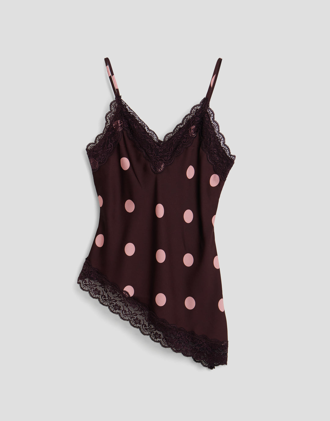 Threadbare Satin Lace Trim Cami in Burgundy Polka Dot - flat lay
