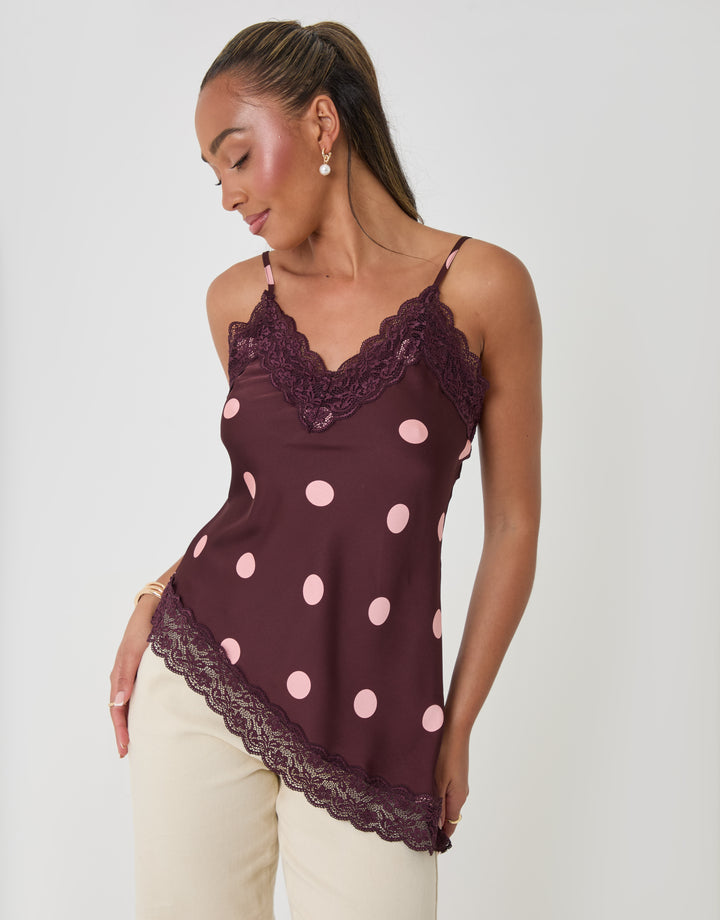 Threadbare Polka Dot Satin Lace Trim Cami in Burgundy - front view