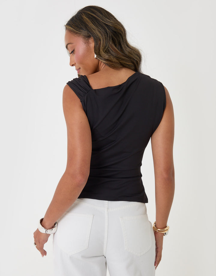 Threadbare Asymmetric Draped Vest in Black - back view