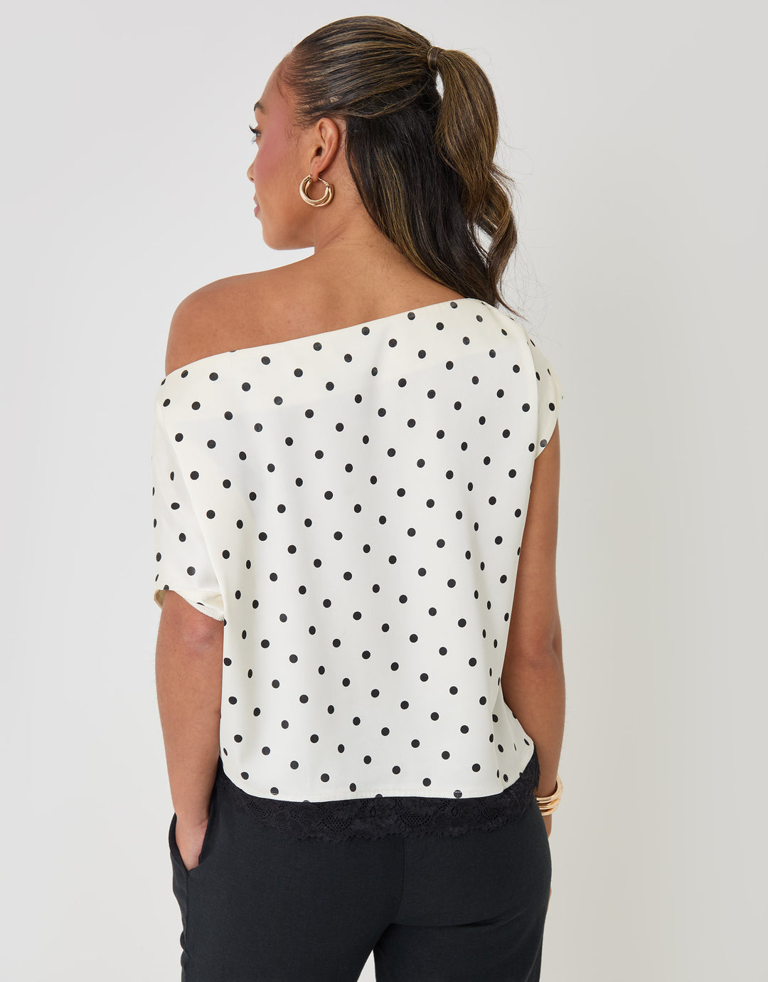 Threadbare Polka Dot Satin Lace Trim Co-ord Slash Neck Top in Mono - back view