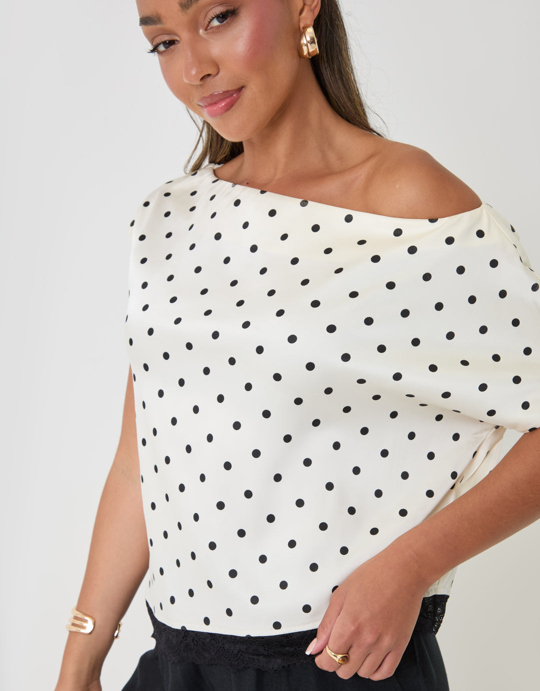 Threadbare Polka Dot Satin Lace Trim Co-ord Slash Neck Top in Mono - close up