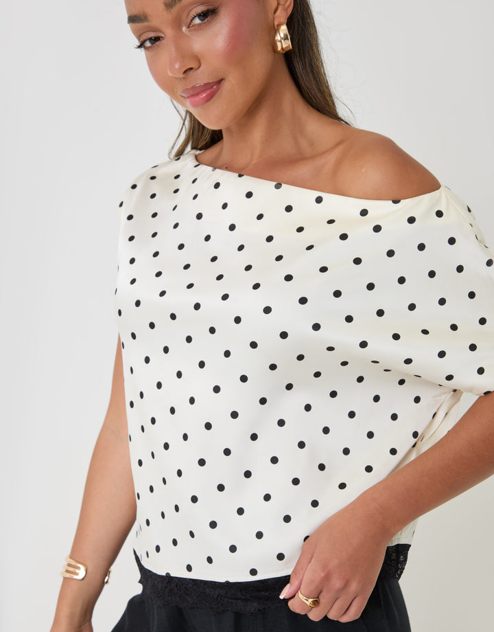 Threadbare Polka Dot Satin Lace Trim Co-ord Slash Neck Top in Mono - close up