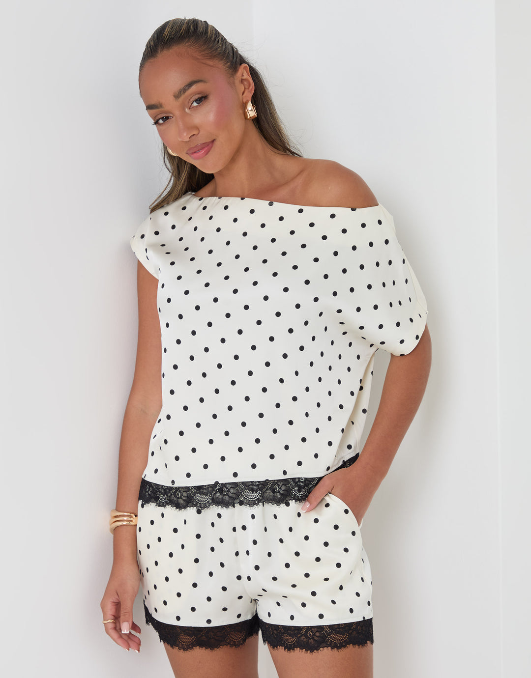 Threadbare Polka Dot Satin Lace Trim Co-ord Slash Neck Top in Mono - full body