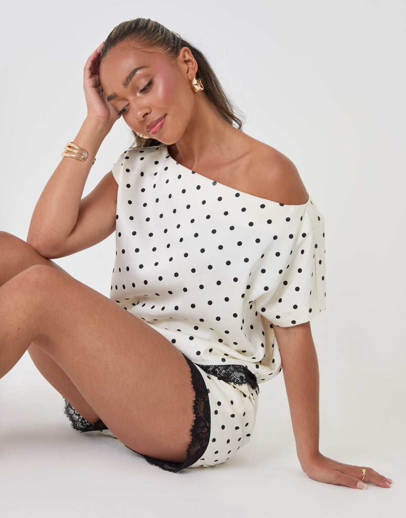 Satin Lace Trim Co ord Slash Neck Top Mono Polka Dot