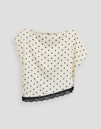 Threadbare Satin Lace Trim Co-ord Slash Neck Top in Mono Polka Dot- flat lay