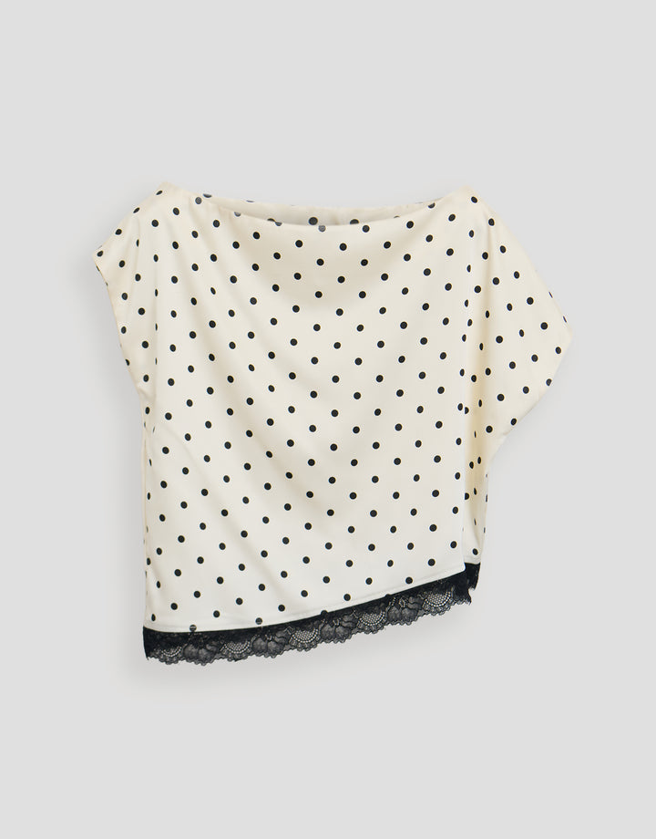 Threadbare Satin Lace Trim Co-ord Slash Neck Top in Mono Polka Dot- flat lay
