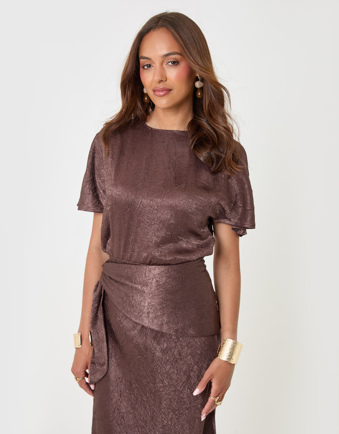 Threadbare Crinkle Satin Batwing Top in Chocolate Brown - front view