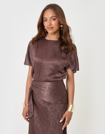 Threadbare Crinkle Satin Batwing Top in Chocolate Brown - front view