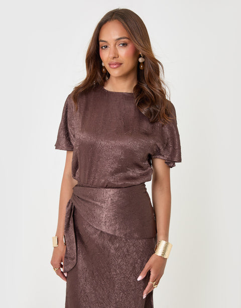 Threadbare Crinkle Satin Batwing Top in Chocolate Brown - front view