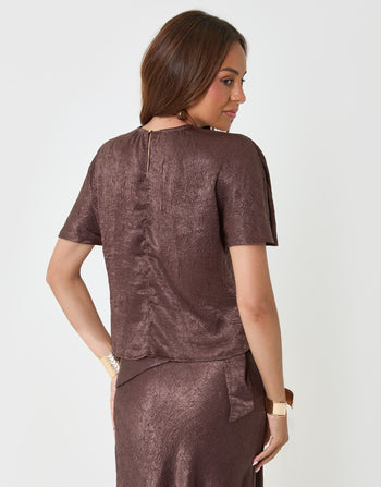 Threadbare Crinkle Satin Batwing Top in Chocolate Brown - back view